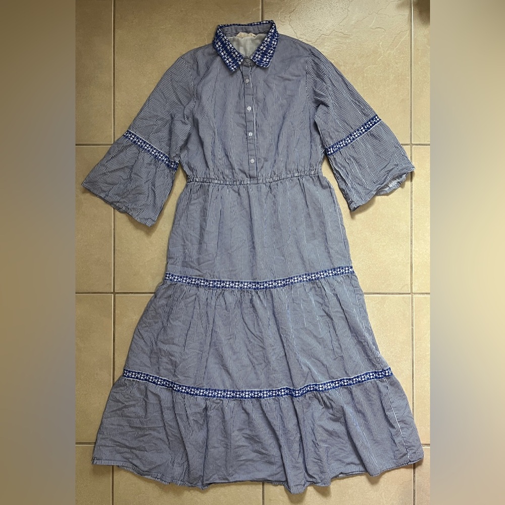 Dress Nado Women’s Large Blue/White Striped Tiered Lined Maxi SunDress